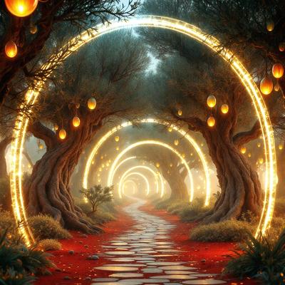 The primary subject of the image is a red pathway surrounded by trees with yellow lights. The setting is a forest with a red pathway that leads through the trees. The visual style is a digital art or illustration, creating a surreal and magical atmosphere. The colors and mood are predominantly red and yellow, giving the scene a warm and inviting feel.